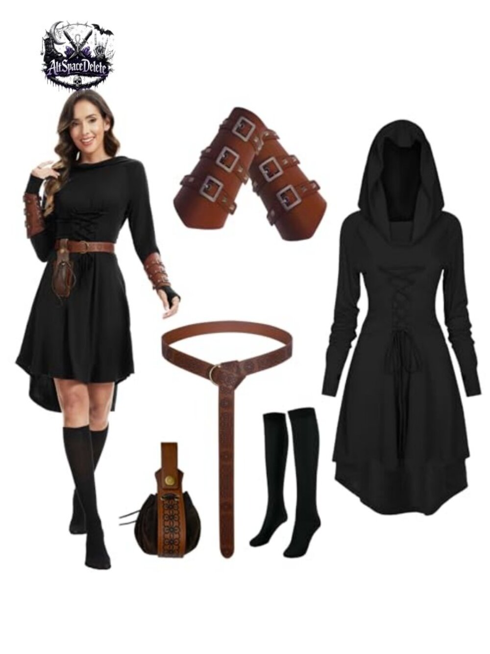 Renaissance Costume Women Hooded Robe Lace Up Dress Halloween Medieval Cloak